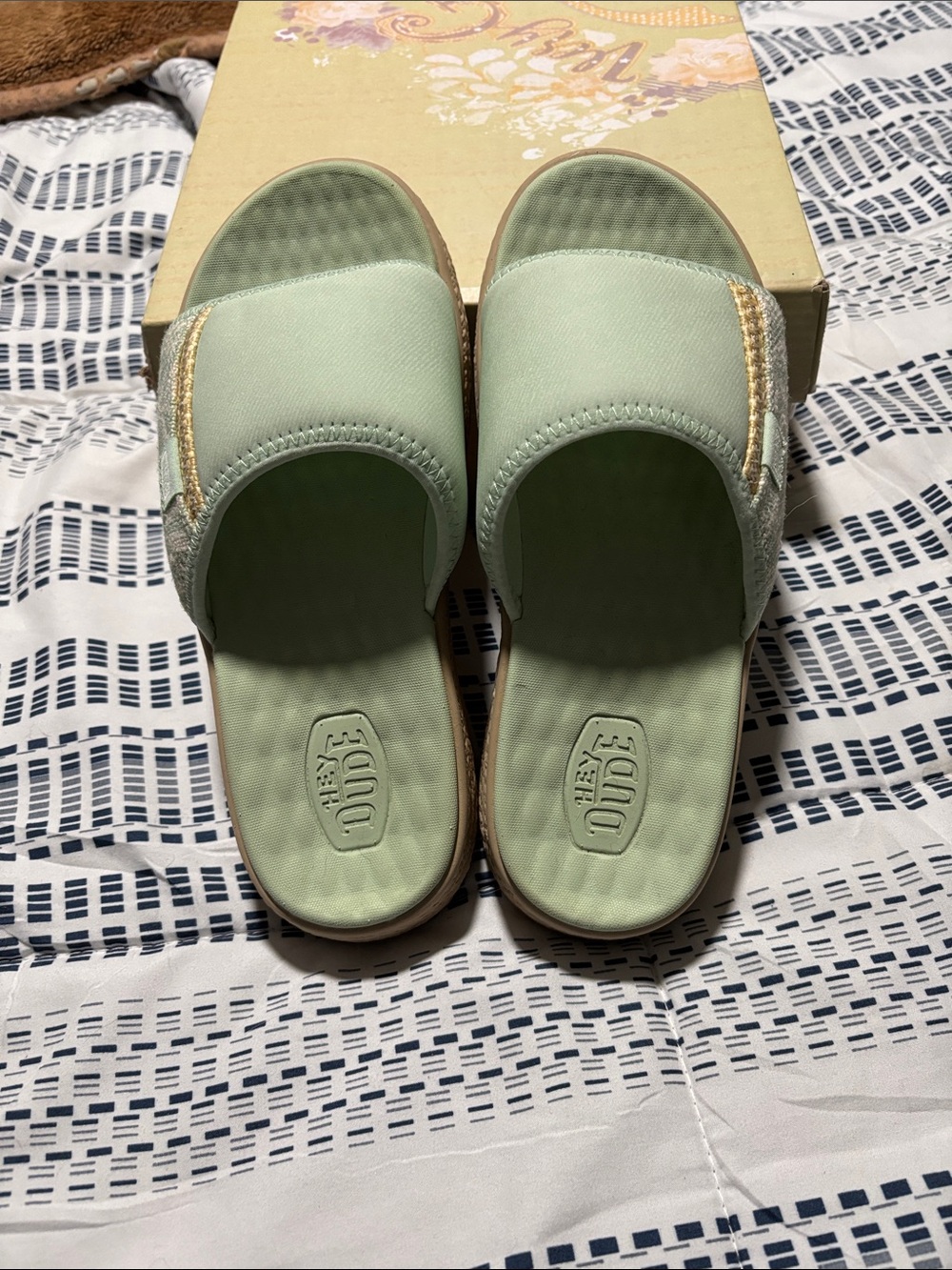 Hey Dude Womens Mint Green Slide Sandals with Gold Trim
